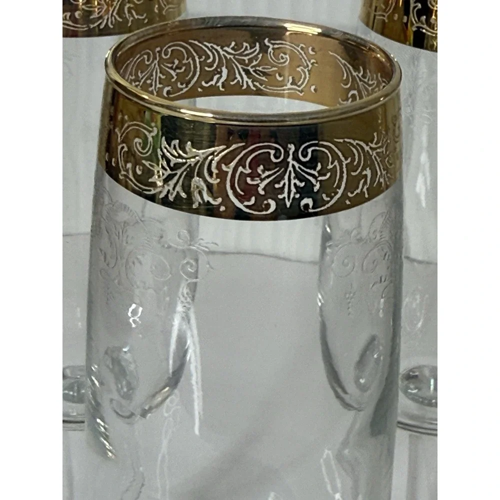 VTG Cellini Italian Crystal Champagne Flutes Wine Glass Gold Rim Set 4 Org Box